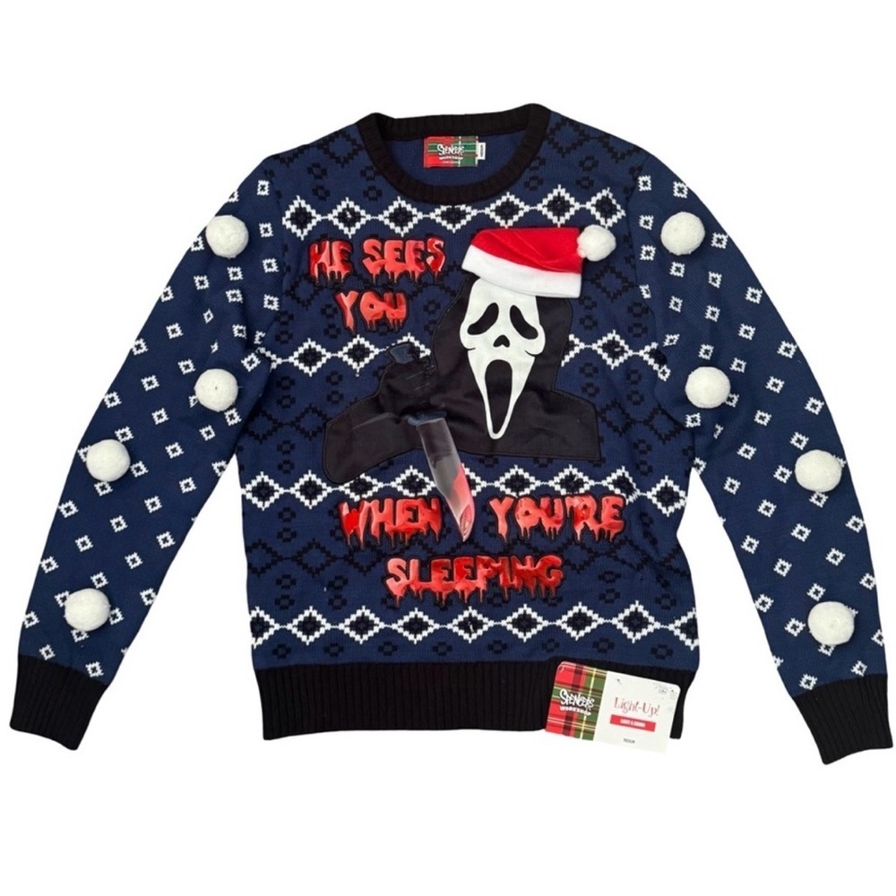 Spencer's Blue Scream Ghost Face Santa LED Knit Crewneck Sweater Large NWT - Picture 3 of 6